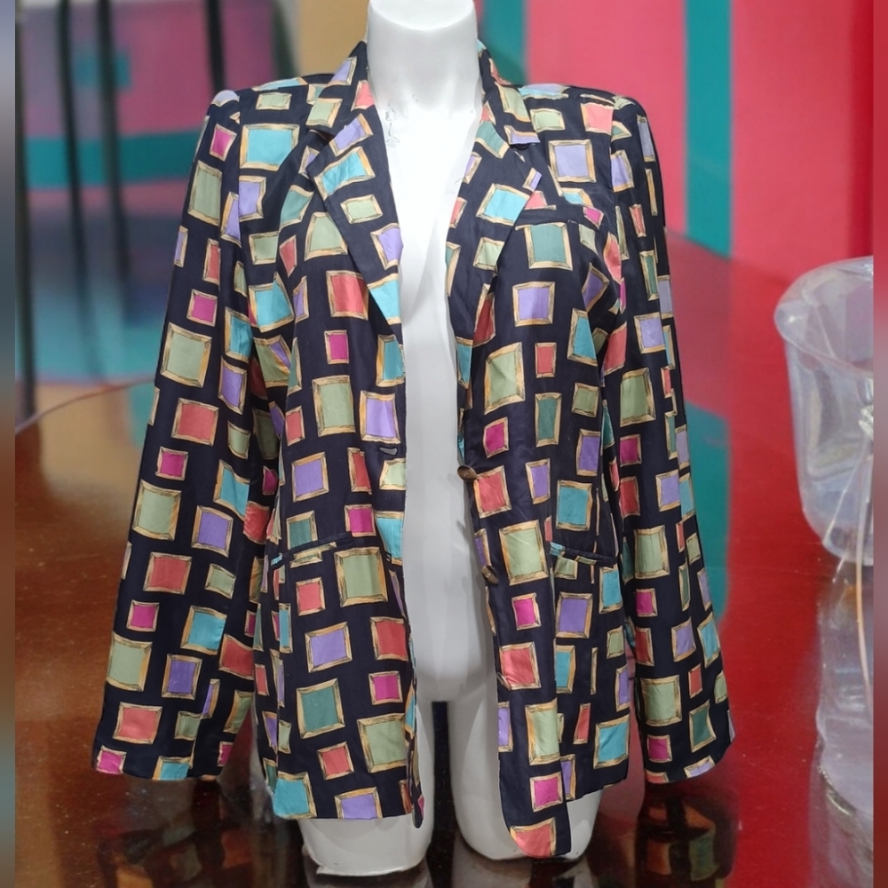 100% Silk Blazer Picture Frame Colorblock 90s Vibe Jacket Women's Size 12 - Picture 2 of 4